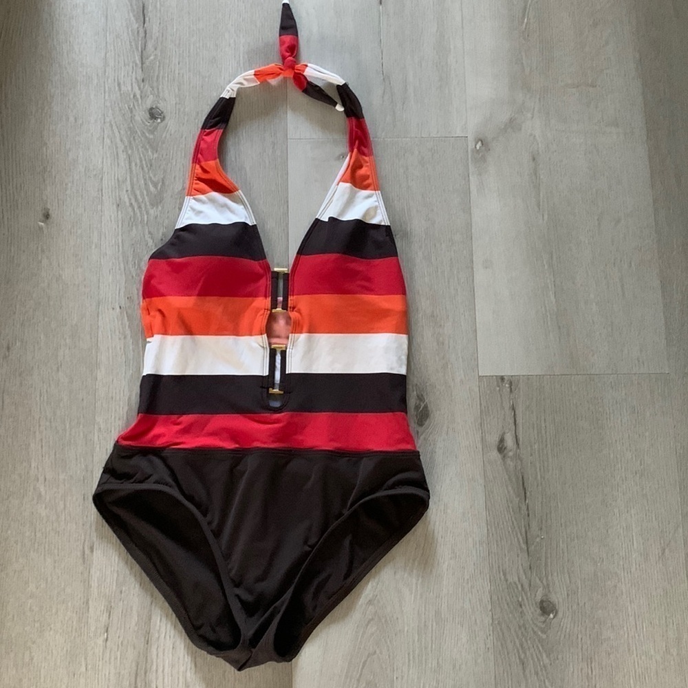 La Blanca Striped Multicolor brown orange One Piece SIZE 8 swimsuit halter neck‎